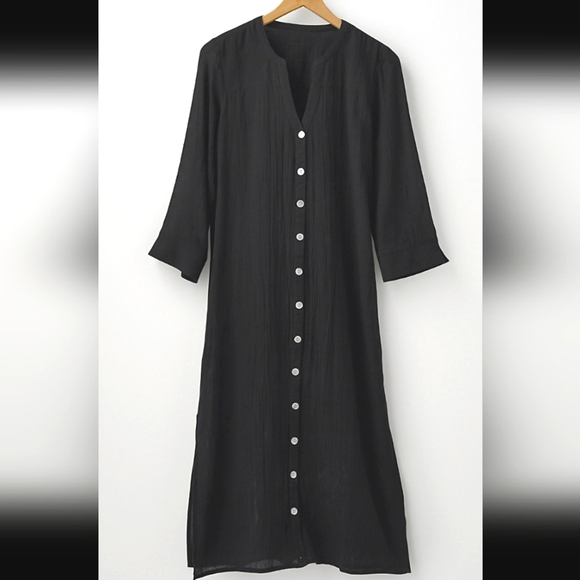 GARNETT HILL Organic-Cotton Side-Slit Shirtdress In Black. Size 6 - Picture 1 of 16